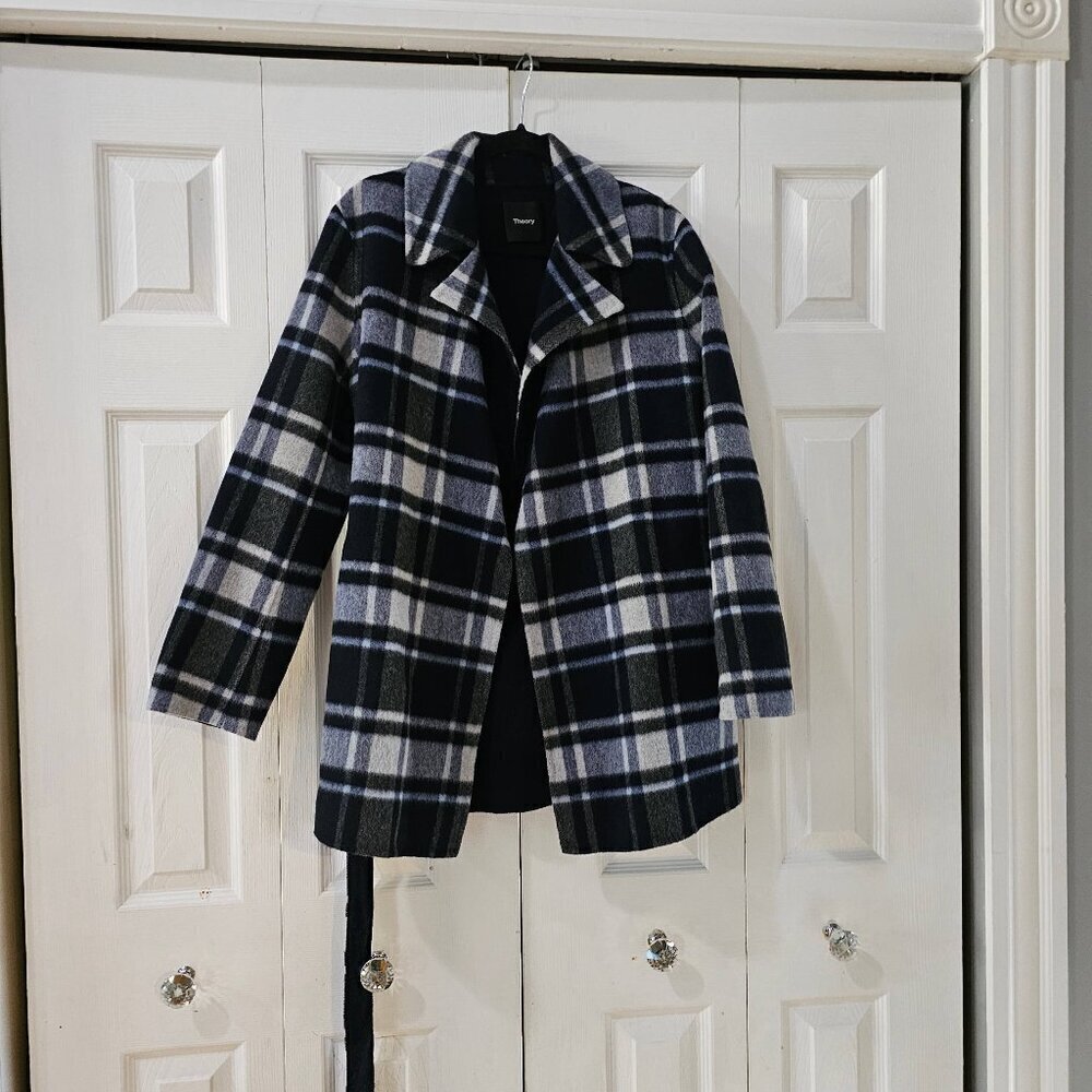 NWT Theory Women's Plaid Wool Alpaca Belted Wrap Overlay Coat Size Medium - Picture 5 of 14